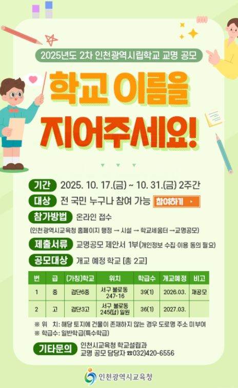 신설 중 ‧고교 2곳 명칭 공모