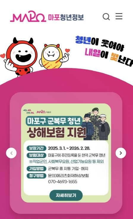 마포청년정보플랫폼 접속 화면