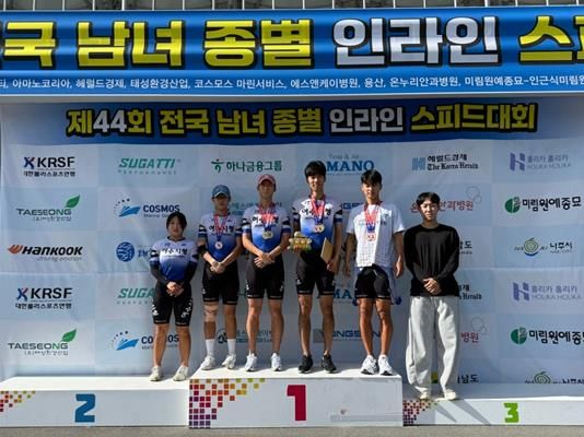 제44회 전국 남녀 종별 인라인 스피드대회에서 우수한 성적을 거둔 여수시청 롤러팀 선수단(왼쪽부터 김민서·김민찬·이성건·송제언·박도봉·박형상 선수)