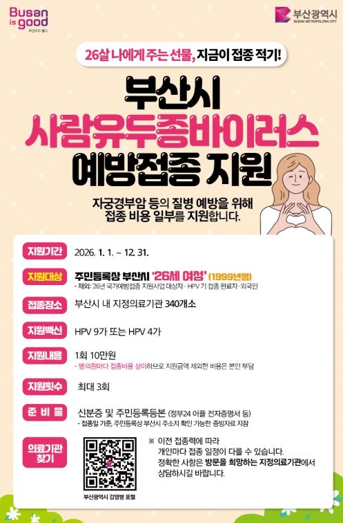 부산시 사람유두종바이러스 예방접종 지원 추진