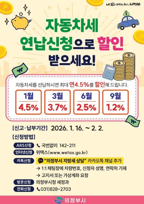 의정부시, 1월 자동차세 연납 시 4.5% 할인